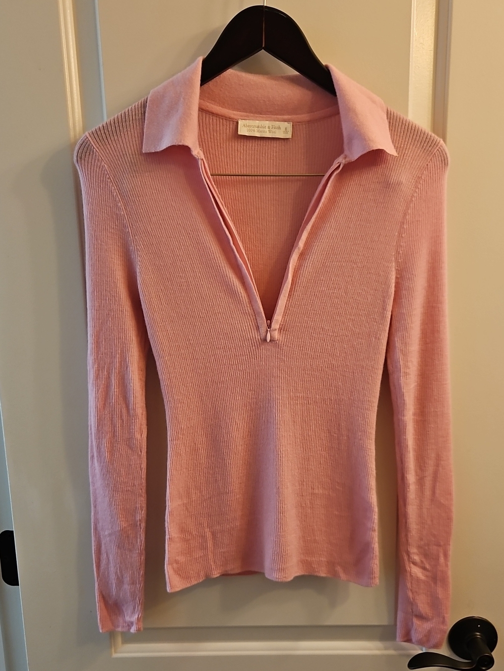 Abercrombie & Fitch Pink 100% Merino Wool Quarter-Zip Polo Sweater, S, Preppy - Picture 3 of 8